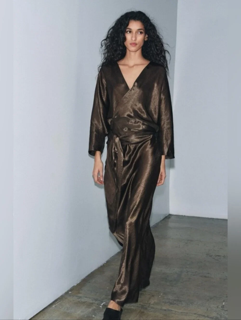 Zara NWT satin effect maxi dress brown Size L - Picture 4 of 15